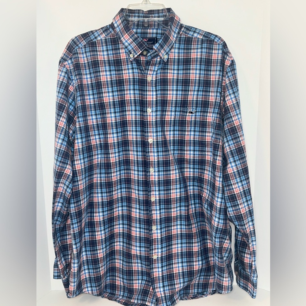 Vineyard Vines mens Slim Fit Tucker blue red white plaid cotton shirt‎ size XL